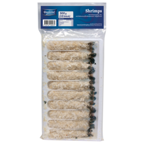 Shrimps paniert Kokos, 12 cm, mit Schwanz, roh